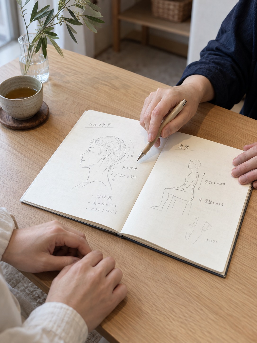 ホームケアを書き留めるノートと相談の様子