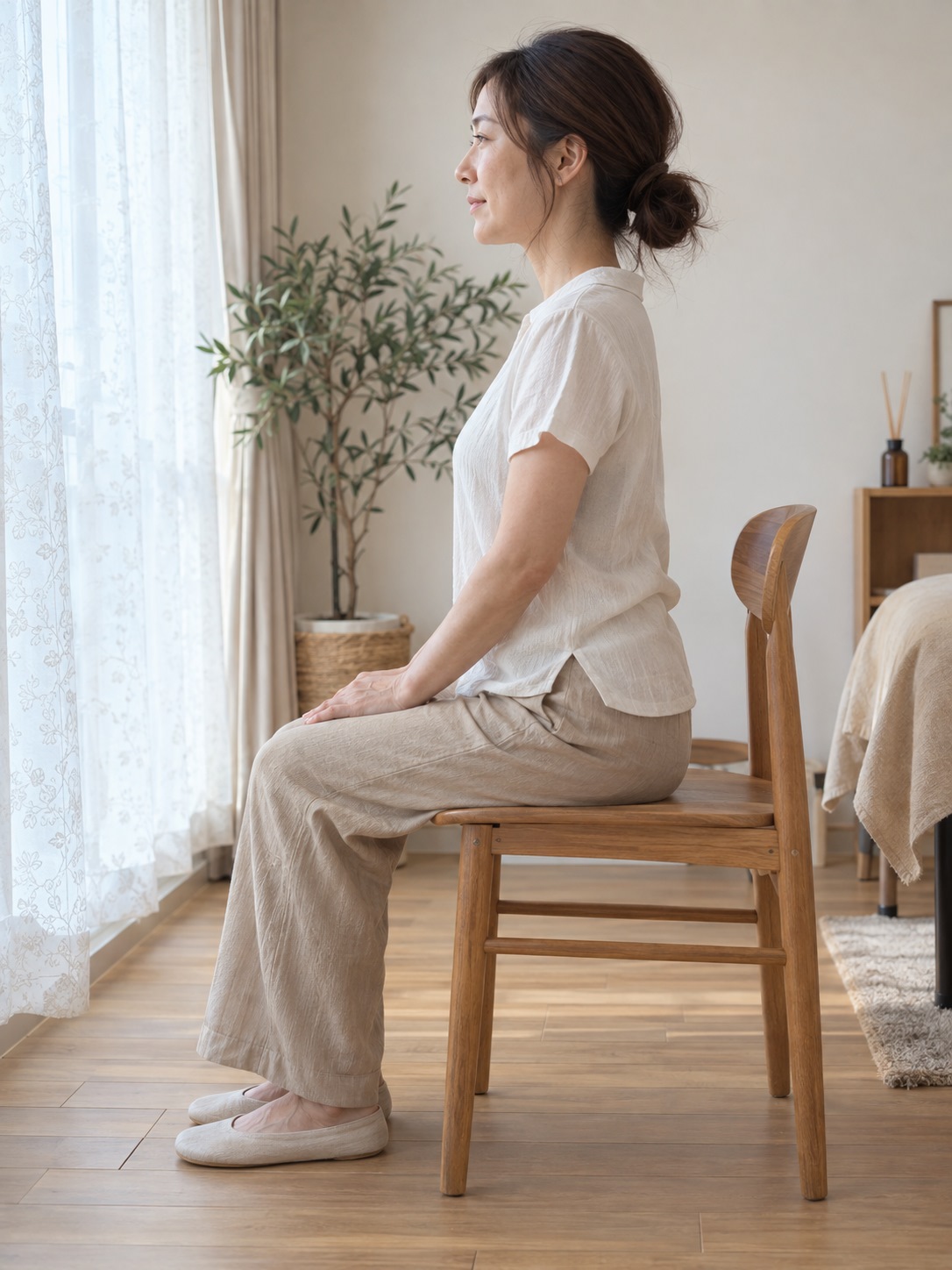 窓辺で姿勢を整えて座る女性