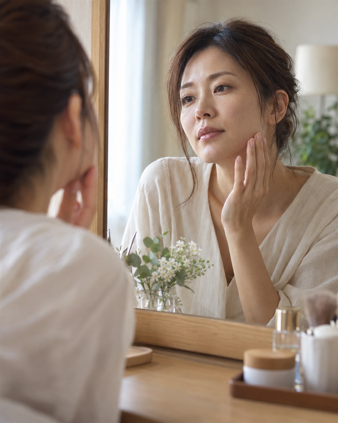 鏡の前でフェイスラインを確かめる女性